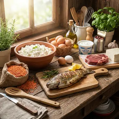 Verschiedene proteinreiche Lebensmittel wie Quark, Linsen und Fisch auf einer Küchenzeile