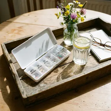 Vorbereitete Medikamentenbox neben einem Glas Wasser auf einem Holztablett