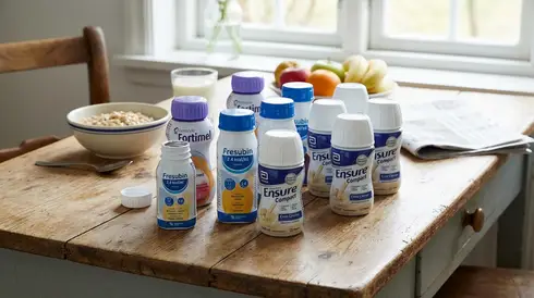 Hochkalorische Trinknahrung in kleinen Flaschen auf einem Küchentisch