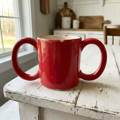 Roter Becher mit zwei großen Henkeln auf einem weißen Tisch