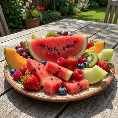 Verschiedene wasserreiche Obstsorten wie Wassermelone auf einem Teller