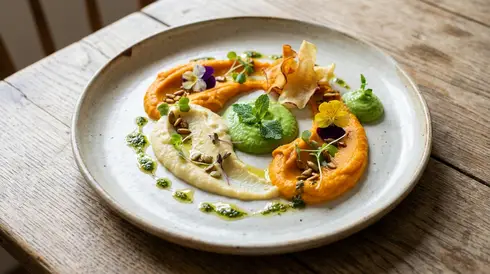 Pürierte und ansprechend angerichtete Mahlzeit auf einem Teller