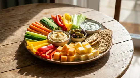 Mundgerechtes Fingerfood wie Gemüsesticks und Käsewürfel auf einem Teller