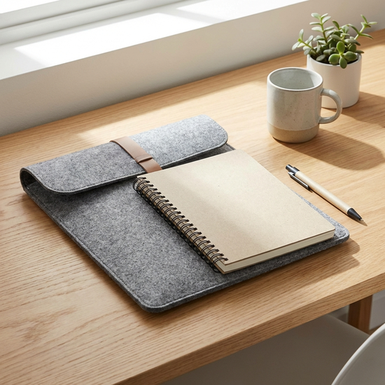 Moderner Aktenordner und Notizblock auf einem aufgeräumten Schreibtisch