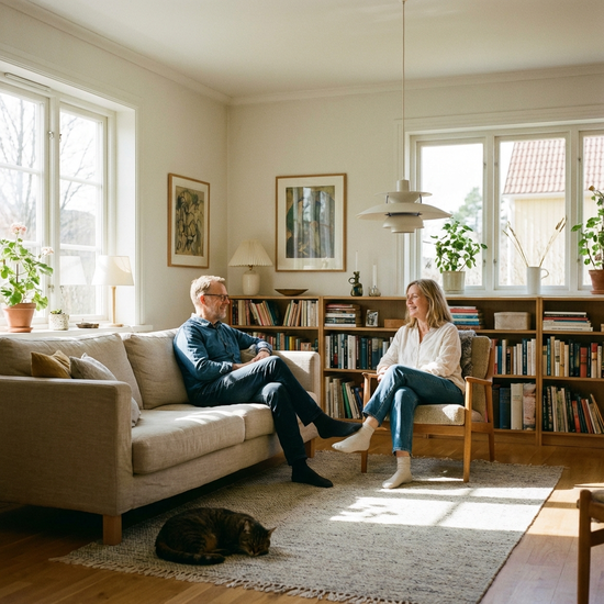 Zwei Personen unterhalten sich ruhig in einem hellen, freundlichen Wohnzimmer