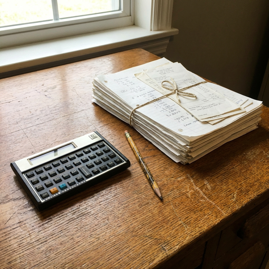 Ein Taschenrechner, ein Stift und ordentlich sortierte Papiere auf einem Holztisch