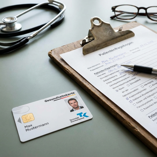 Eine Gesundheitskarte liegt neben einem Formular auf einem Klemmbrett