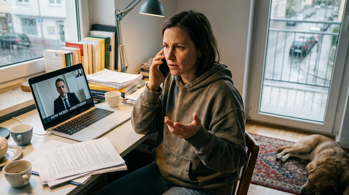 Eine Frau telefoniert konzentriert mit ihrem Arbeitgeber von zu Hause aus