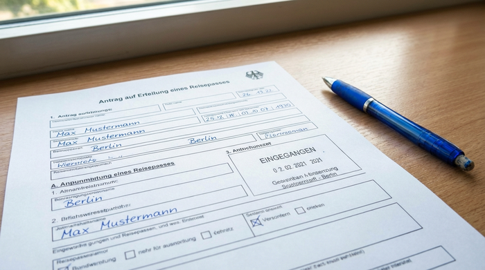Ein sauber ausgefülltes Antragsformular mit einem Stift daneben