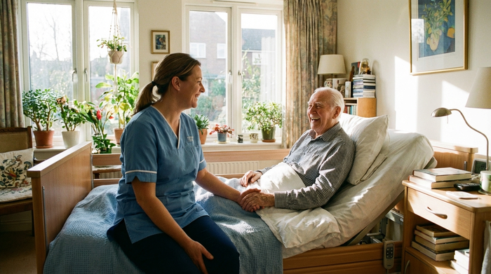 Pflegerin und Senior im entspannten Gespräch am Pflegebett in einem hellen Zimmer
