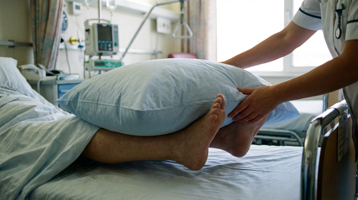 Weiches Kissen unter den Waden eines Patienten sorgt für die Freilagerung der Fersen