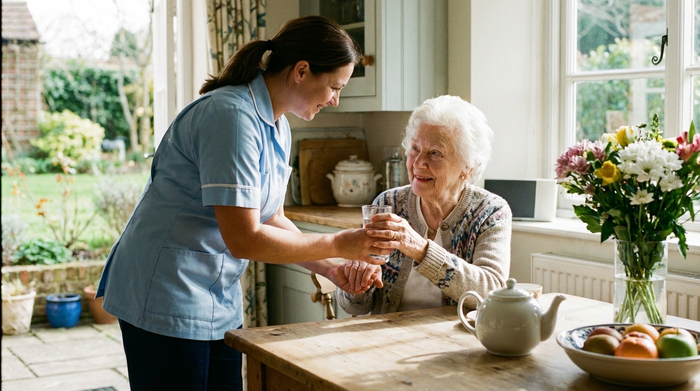 Pflegerin reicht einer Seniorin liebevoll ein Glas Wasser am Küchentisch