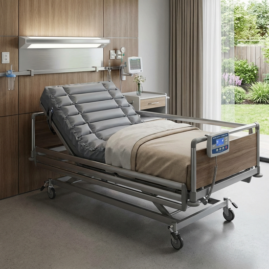 Moderne Anti-Dekubitus-Wechseldruckmatratze auf einem Pflegebett