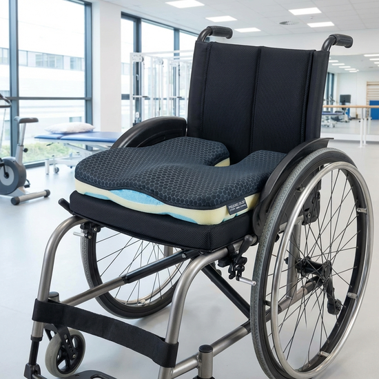 Spezielles druckentlastendes Sitzkissen auf der Sitzfläche eines Rollstuhls