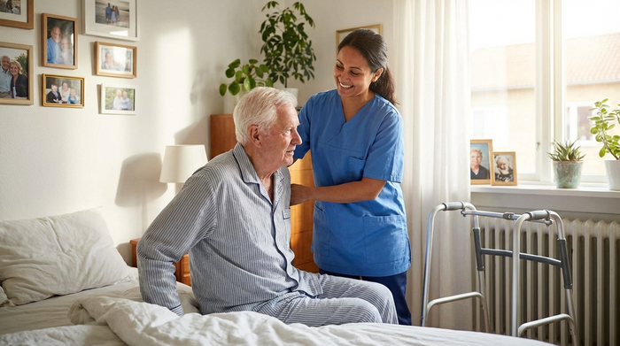 Freundliche 24-Stunden-Pflegekraft hilft Senior liebevoll beim Aufstehen aus dem Bett