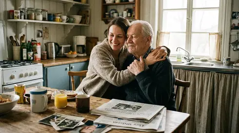 Erwachsene Tochter umarmt ihren älteren Vater liebevoll am Küchentisch