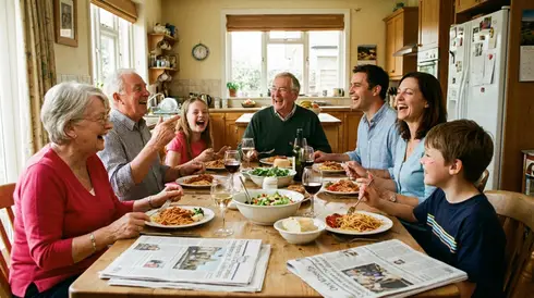 Familie sitzt lachend zusammen am Esstisch und tauscht sich aus