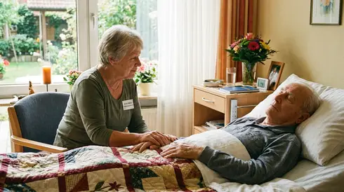 Hospizmitarbeiterin sitzt ruhig neben dem Bett eines Patienten und hält behutsam seine Hand