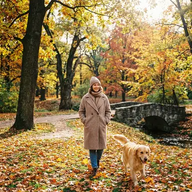 Frau spaziert entspannt durch einen herbstlichen Park