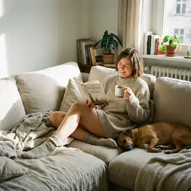 Frau sitzt entspannt mit einer Tasse Tee auf dem Sofa und liest ein Buch