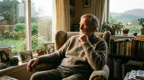 Älterer Herr sitzt nachdenklich am Fenster und blickt in die Ferne, sanftes Tageslicht