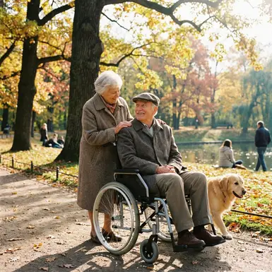 Senior im Rollstuhl wird von einer Angehörigen liebevoll im Park geschoben