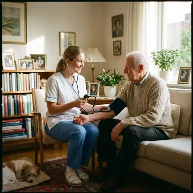 Freundliche Pflegerin misst den Blutdruck bei einem älteren Patienten im Wohnzimmer