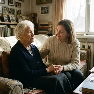 Seniorin blickt etwas verloren, während ihre Tochter beruhigend ihre Hand hält