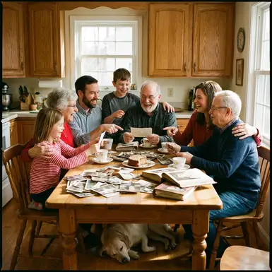 Gemeinsames Betrachten von alten Familienfotos am Küchentisch