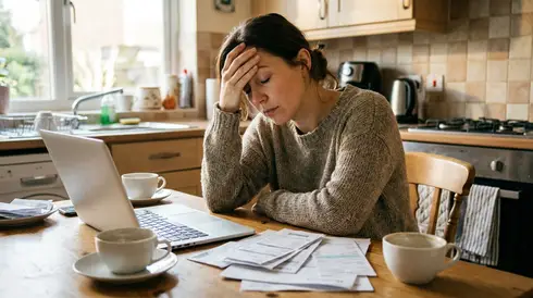 Erschöpfte Frau reibt sich die Stirn, sitzt nachdenklich am Küchentisch
