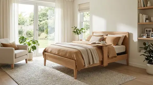 Modernes, gemütliches Pflegebett in einem hellen Schlafzimmer