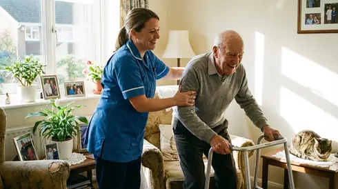 Freundliche Pflegekraft hilft einem Senior beim Aufstehen