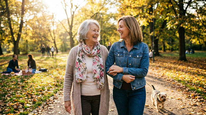 Seniorin und ihre Tochter spazieren entspannt durch einen sonnigen Park, beide lachen und genießen den Tag