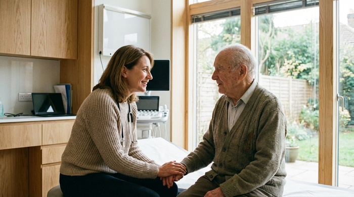 Ärztin im vertrauensvollen Gespräch mit einem älteren Patienten im modernen Behandlungszimmer