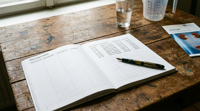 Aufgeschlagenes Notizbuch mit einem Stift auf einem Holztisch, symbolisch für ein Miktionsprotokoll