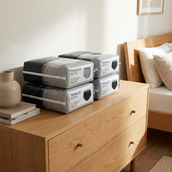 Verpackte, moderne Inkontinenz-Pants liegen ordentlich gestapelt auf einer Kommode