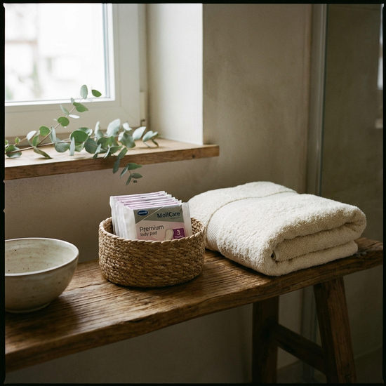 Kleine, diskrete Inkontinenzeinlagen neben einem frischen Handtuch im Badezimmer