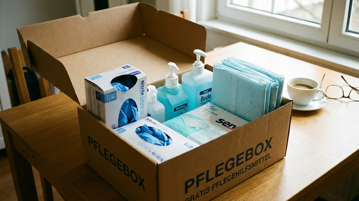 Eine geöffnete Pflegebox mit Einmalhandschuhen, Desinfektionsmittel und Bettschutzeinlagen auf einem Tisch