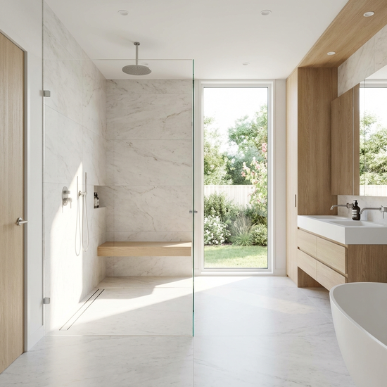 Modernes, helles Badezimmer mit einer bodengleichen Dusche und einem Duschsitz