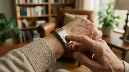 Nahaufnahme eines modernen Hausnotruf-Senders, der als unauffälliges Armband am Handgelenk eines Senioren getragen wird. Im unscharfen Hintergrund ist ein gemütliches Wohnzimmer zu erkennen.