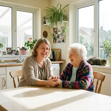 Eine freundliche Pflegekraft sitzt gemeinsam mit einer älteren Dame an einem hellen Küchentisch, beide lächeln sich entspannt und vertraut an.
