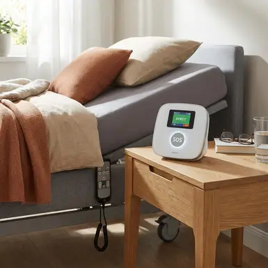 Eine moderne Hausnotruf-Basisstation steht griffbereit auf einem kleinen Holz-Nachttisch direkt neben einem komfortablen Pflegebett.