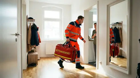 Ein Rettungssanitäter betritt zügig mit einer roten Notfalltasche in der Hand einen hellen Wohnungsflur.