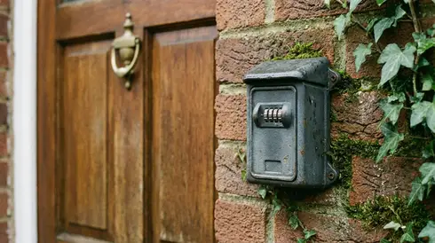 Ein kleiner, robuster und unauffälliger Schlüsseltresor ist sicher an der Außenwand neben einer Haustür montiert.
