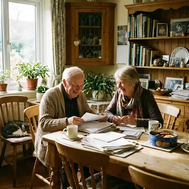 Älteres Ehepaar sitzt entspannt am Küchentisch und sortiert gemeinsam wichtige Dokumente