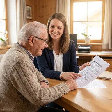 Freundliche Beraterin erklärt einem Senior ein Dokument mit rechtlichen Hinweisen