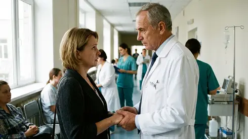 Arzt im weißen Kittel im ernsten, aber einfühlsamen Gespräch mit einer Angehörigen im Krankenhausflur