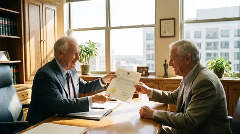 Notar überreicht einem Senior ein unterschriebenes Dokument in einem hellen Büro
