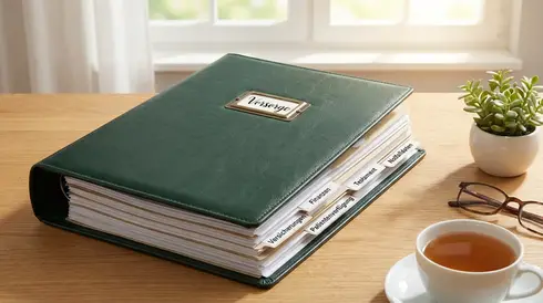 Ordentlicher Aktenordner mit der Aufschrift Vorsorge auf einem Schreibtisch