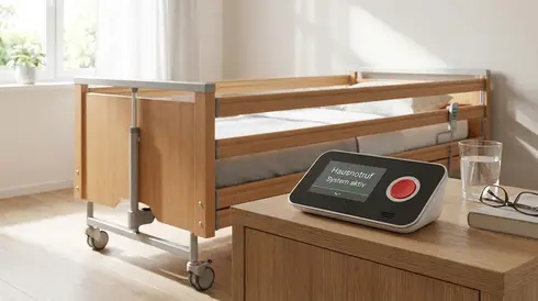 Modernes Hausnotruf-Gerät steht auf einem Nachttisch neben einem Pflegebett